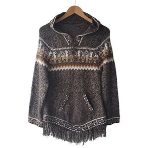 Peruvian Handmade Alpaca Hooded Sweater Ethnic Motifs Fringed Hem